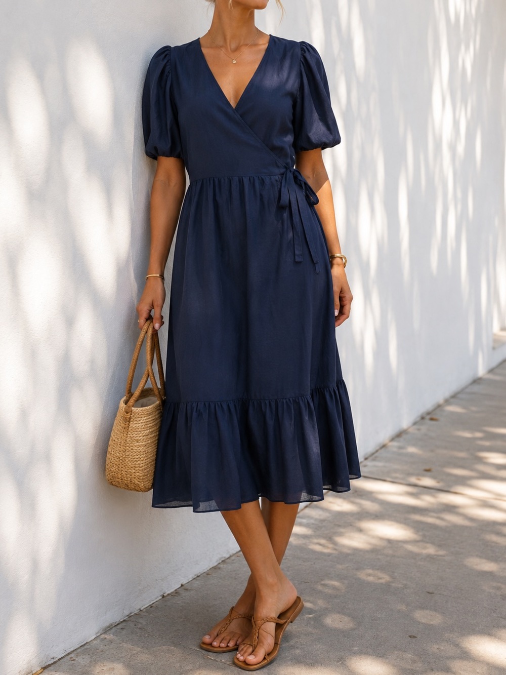 Vineyard Vines Cotton Silk Wrap Midi Dress in Nautical Navy